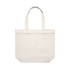 A plain cream tote bag with two long handles and a rectangular shape, featuring a minimalistic design.