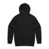 A black hooded jumper with a simple design and a logo on the back.