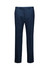 Navy straight leg pants with an adjustable waist, featuring a logo. Suitable as formal slacks for various occasions.