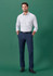 Men's adjustable waist straight leg pants in navy, paired with a checkered shirt. The model stands against a green background.