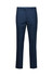 A pair of men's slim fit flat front pants in navy blue, featuring a branding logo.