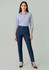 A pair of women's mid-waist slim leg pants in navy blue, featuring a sleek design. The model wears a light blue shirt and heels.
