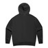 A black zip hoodie featuring a hood and a simple design, showing the back view. It has a logo.
