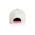 A white two-tone cap with a pink adjustable strap and button at the back, featuring a logo.