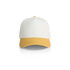 A two-tone cap featuring a white front and a yellow peak, with a branded logo on the side.
