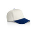 A two-tone cap featuring a white front and a blue peak, with a branding logo present.