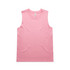 A pink sleeveless tank top with a round neckline, featuring a logo.