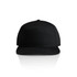 A black 7-panel cap with a flat brim and a logo on the front.
