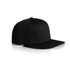 A black 7-panel cap featuring a curved brim and a structured design, with a logo on the side.