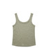 A soft green singlet with a rounded neckline and wide straps, featuring a logo.