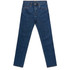 A pair of blue jeans with a classic cut, featuring five pockets and a branding label on the waistband.