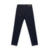 Skinny dark blue jeans with back pockets and a waistband label, featuring contrasting stitching.
