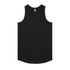 A black singlet with a rounded hem, featuring a label and no visible designs or patterns.