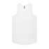 A white singlet with a rounded hem and a logo on the label.