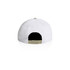 A two-tone cap featuring a white front and a black back, with an adjustable strap. It has a branding logo.