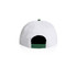 A two-tone cap featuring a white body and a green peak, with an adjustable strap at the back and a logo.