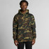A camouflage hoodie in shades of green and brown, featuring a front pocket and a hood. It has a logo.