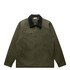 A green canvas jacket featuring a black collar and a logo. It has a zip pocket on the front and side pockets.