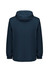 A unisex super light packable rain jacket in dark blue with an adjustable hood and elastic cuffs. It features a logo.