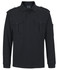 A black long-sleeve polo shirt featuring epaulettes and pockets, with a simple logo on the design.