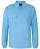 A light blue long-sleeve polo shirt with epaulettes and front pockets, featuring a logo on the label.