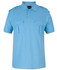 A light blue polo shirt featuring two chest pockets and shoulder epaulettes. It has a logo on the collar.