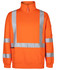 High-visibility orange fleece jumper featuring reflective stripes, designed for safety wear. Includes a zip collar and a pocket.