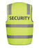 A lime safety vest featuring reflective stripes and a logo, designed for security use.