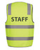 A safety vest in bright lime green with reflective stripes and a logo, labelled “STAFF.”