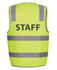 A lime safety vest featuring reflective stripes and a logo, designed for staff identification.