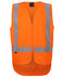 An orange safety vest with reflective silver stripes, featuring a zip front and a loose fit design.