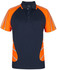 A navy polo shirt with reflective stripes and bright orange accents, featuring a pocket and a logo.