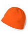 An orange fleece beanie with a rounded crown and a folded brim, featuring a logo.