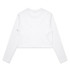 A white long-sleeve cropped tee with a simple design and back view. It features a branding logo.