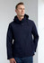 A navy blue rain jacket designed for men, featuring a hood and a zippered front, with pockets and branding.