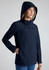 A women's navy jacket with a hood and zip-front closure, featuring a branded logo on the sleeve.