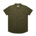 An olive green short-sleeve shirt featuring two chest pockets and a collar, with a logo on the tag.