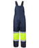 A pair of navy and lime bib and brace overalls with reflective tape, designed for safety wear.