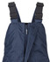 Navy bib and brace with adjustable straps and zippers, featuring lime accents and a logo.