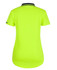 A bright lime green polo shirt with short sleeves and a drop tail design, featuring a logo on the sleeve.