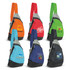 A collection of colourful sling bags in orange, teal, grey, blue, and black, each featuring a logo.
