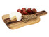 A wooden cheese board with a round cheese, crackers, and a bunch of cherry tomatoes, featuring a branding logo.