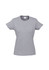 A grey women's short sleeve t-shirt with a round neckline, featuring a logo on the label.