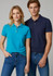 A men's neon short sleeve polo in navy blue, displayed alongside a woman's polo in bright aqua. Both have logos.