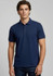 A navy blue men's short sleeve polo shirt features a classic collar and a logo.