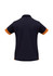 A women's short sleeve polo in navy with orange accents. The back features a collar and a logo.