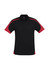A black polo shirt with red accents, featuring a collar and short sleeves. The shirt has a logo on it.