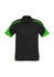 A black polo shirt with green accents on the sleeves and sides, featuring a logo.