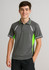 A grey short sleeve polo shirt with bright green accents, featuring a logo on the chest.