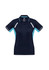 A women's navy blue short sleeve polo shirt featuring light blue accents and a logo.